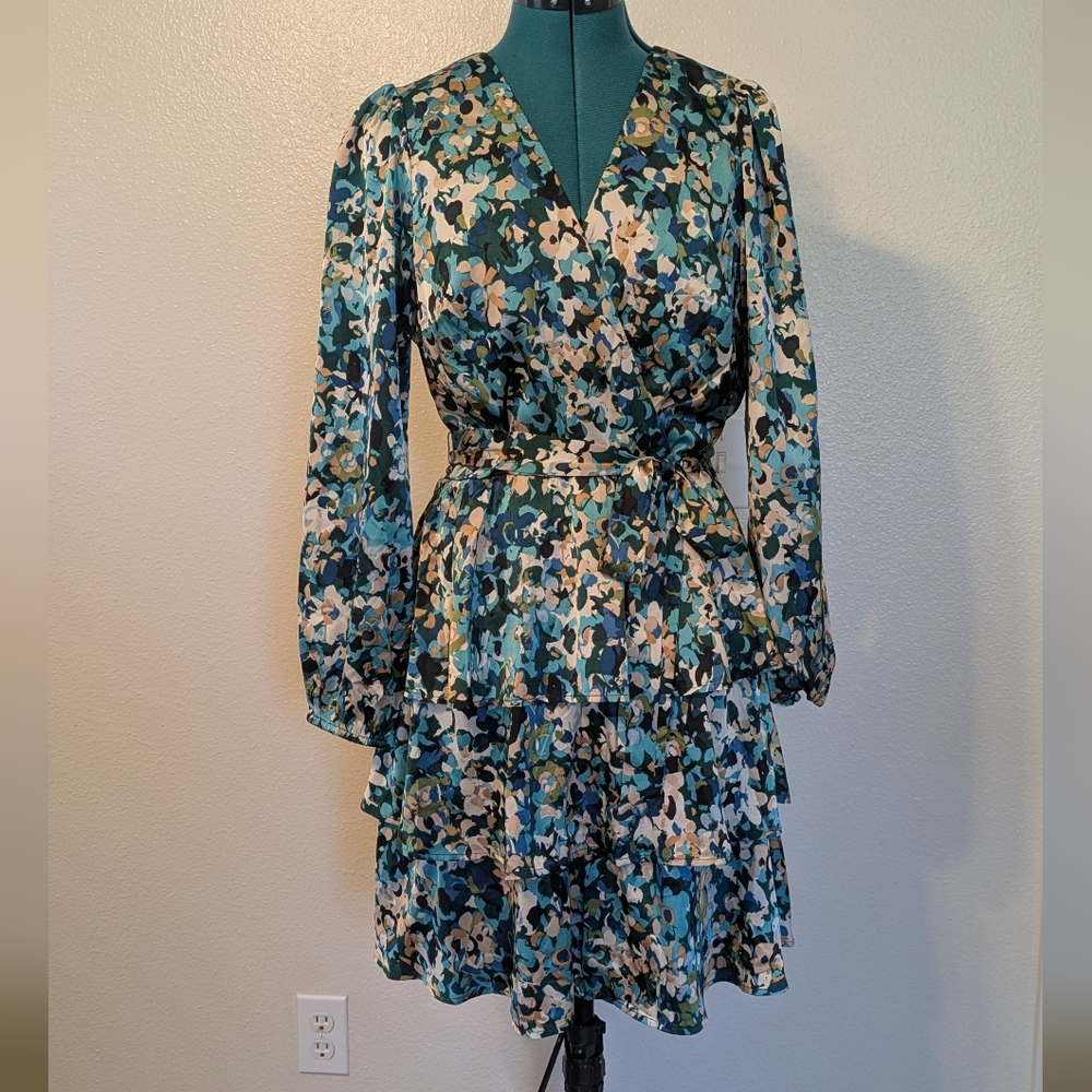 Nicole Miller Faux Wrap Dress with Tiered Skirt - Medium